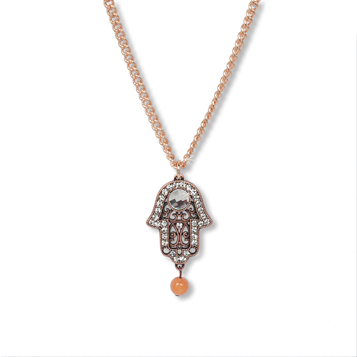 Antique Roségold - Hand of Fatima Talisman Kette mit Carneol, 45-50 cm