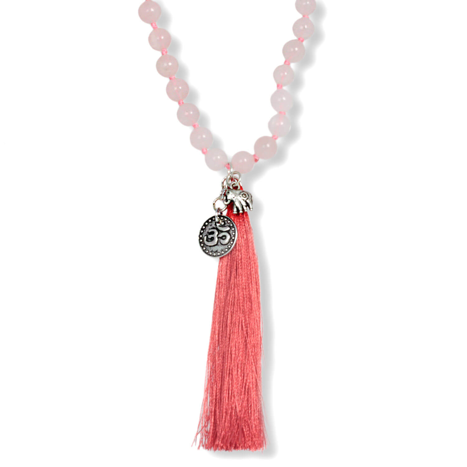 Antique Silver Well Being rose quartz necklace made of gemstones with tassel, 80 cm