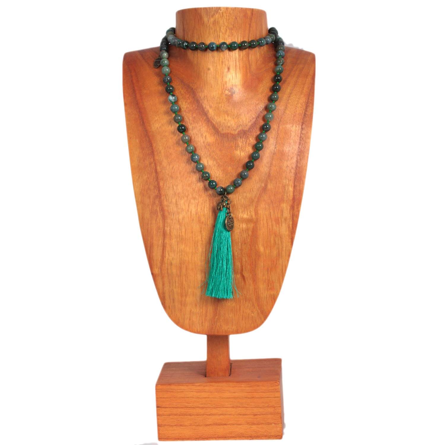 Antique Silver Well Being moss agate necklace made of gemstones with tassel, 80 cm