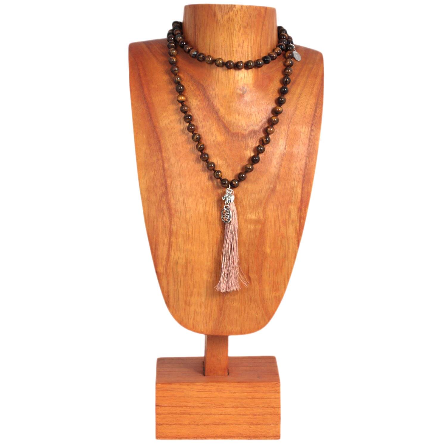 Antique Silver Well Being tiger eye necklace made of gemstones with tassel, 80 cm