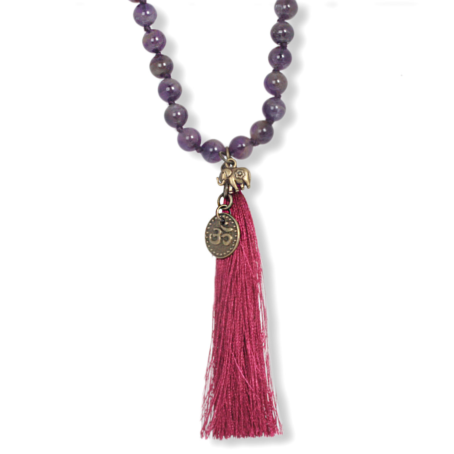 Antique Silver Well Being moss agate necklace made of gemstones with tassel, 80 cm