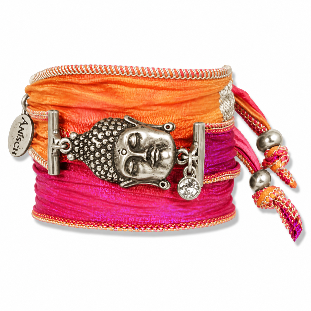 Pink Orange - Buddha of Wisdom Talismanarmband aus indischen Saris