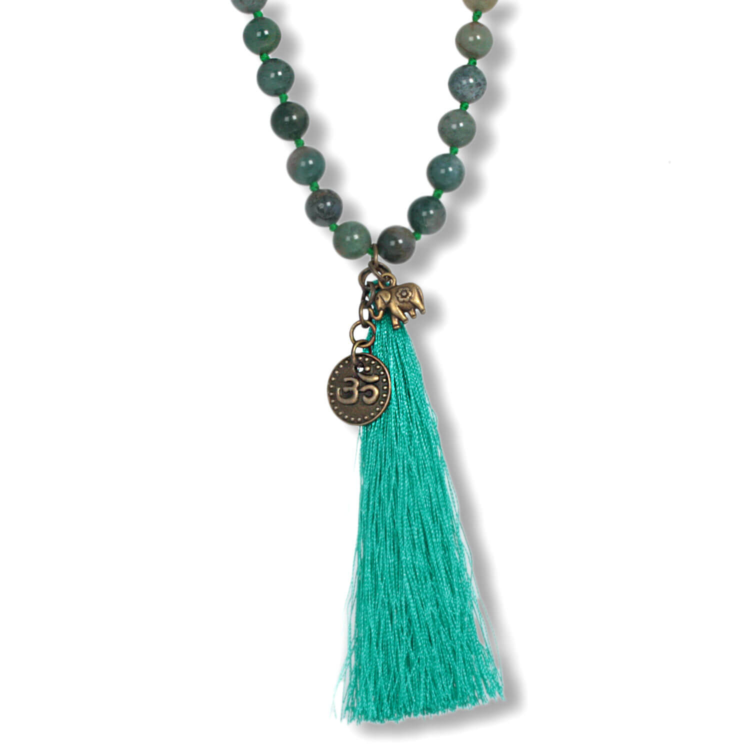 Antique Silver Well Being moss agate necklace made of gemstones with tassel, 80 cm