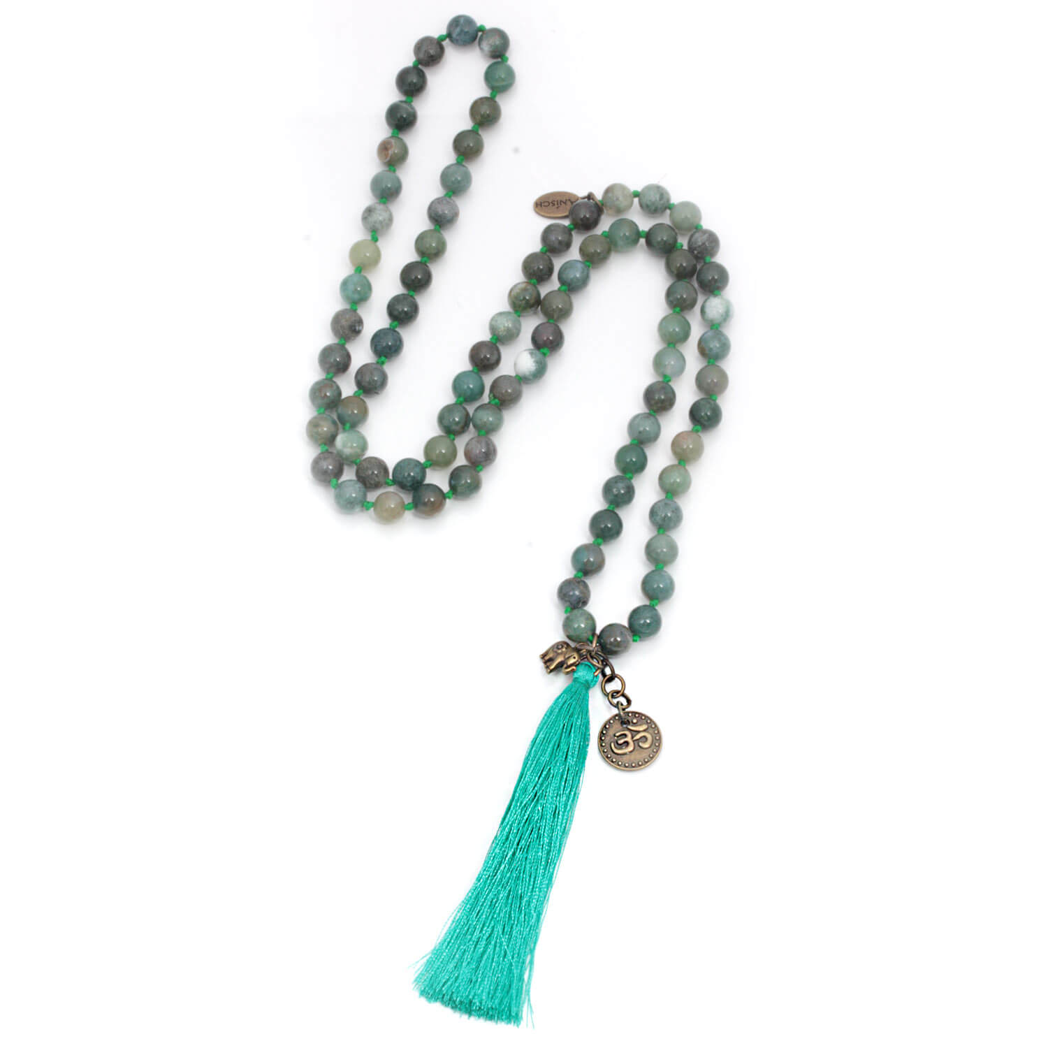 Antique Silver Well Being moss agate necklace made of gemstones with tassel, 80 cm