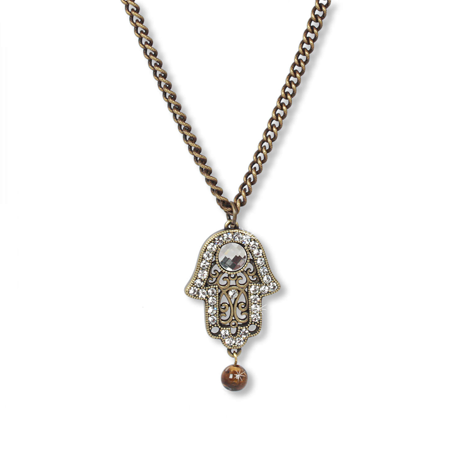 Antique Brass - Hand of Fatima Talisman Kette mit Tigerauge