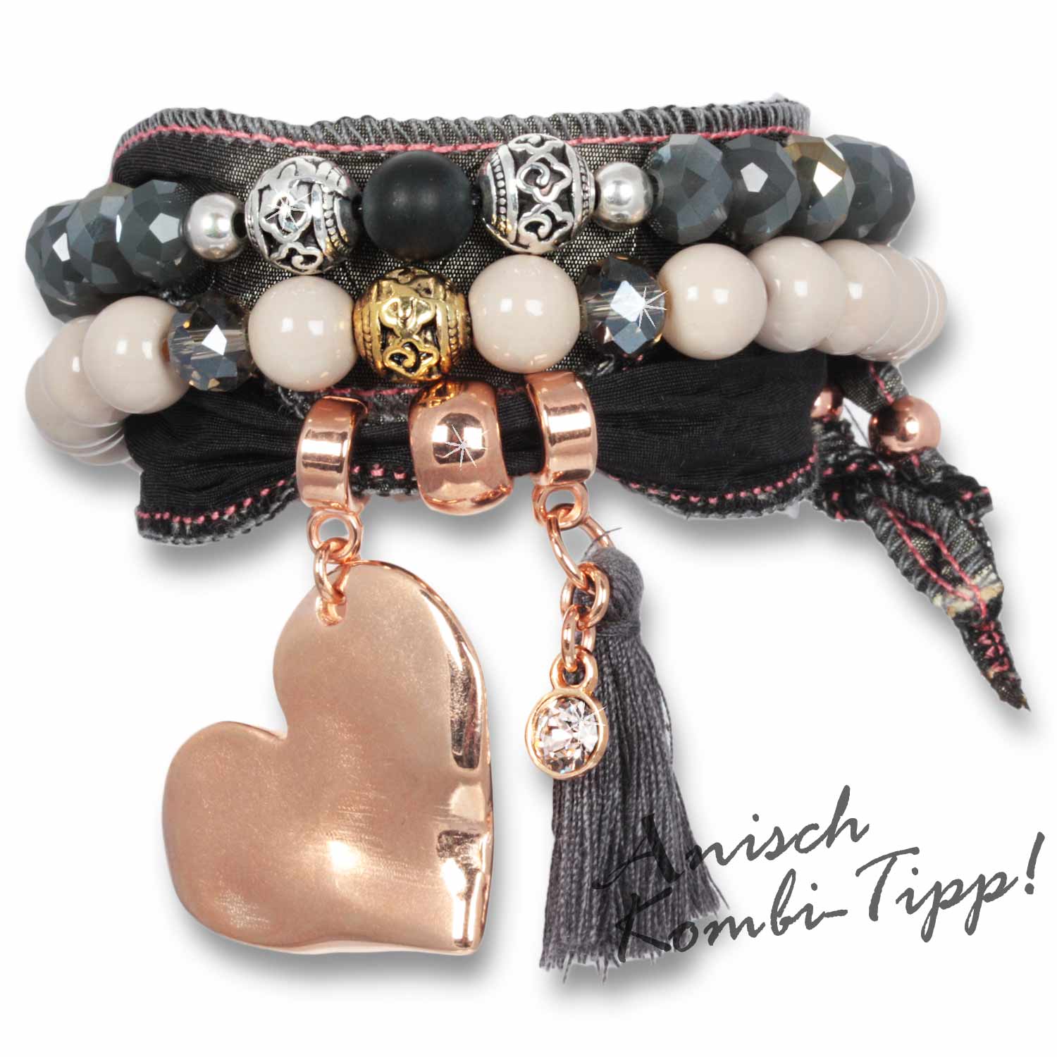 Dark Grey - Magic Love Herzsarmband aus indischen Saris