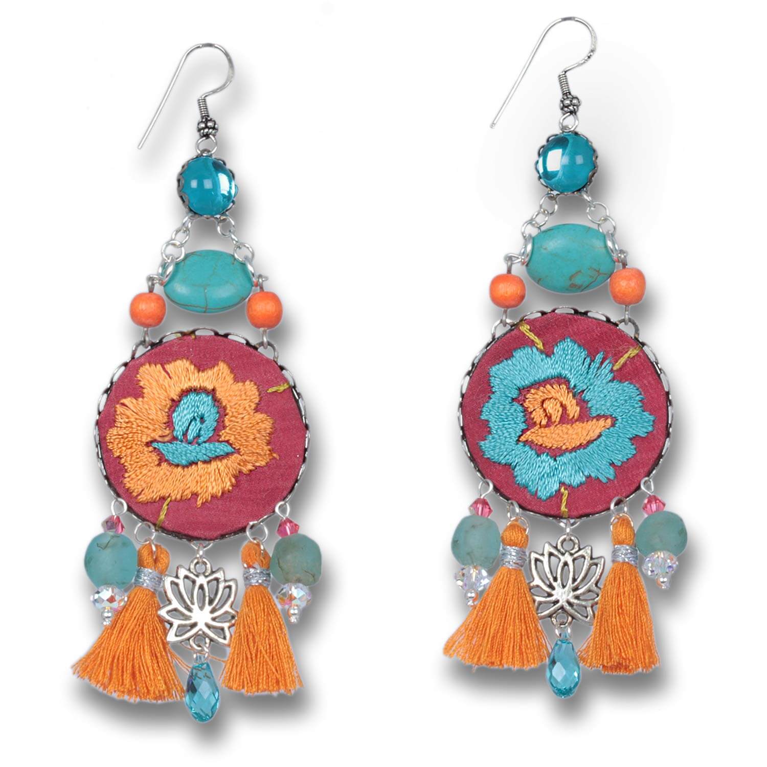 Ohrschmuck »Spirit of the Sun« – Türkis & Orange mit Lotus-Anhänger