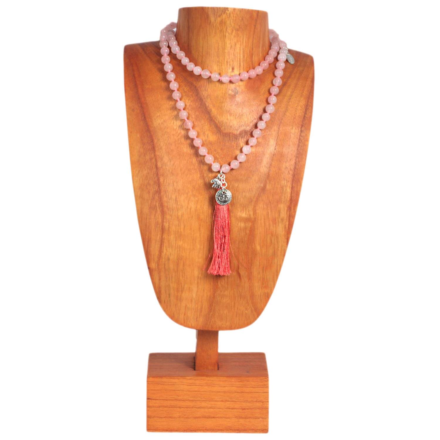 Antique Silver Well Being rose quartz necklace made of gemstones with tassel, 80 cm