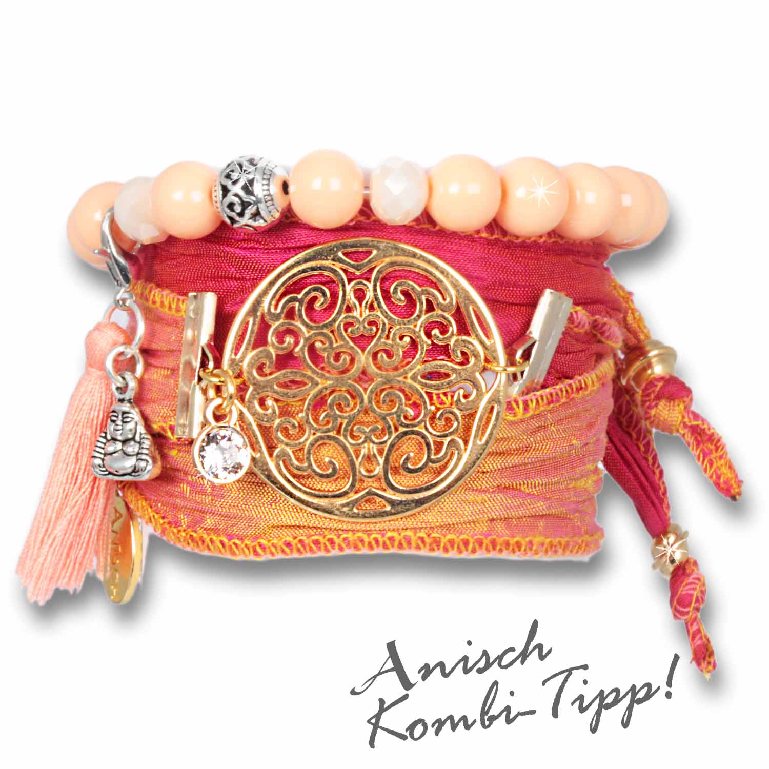 Peach Pink - Flower of Soul Talismanarmband aus indischen Saris