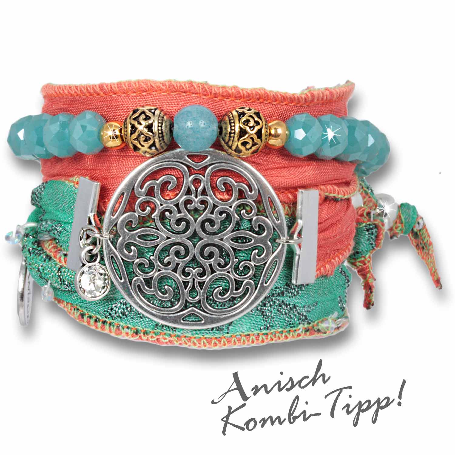 Mint Coral - Flower of Soul Talismanarmband aus indischen Saris