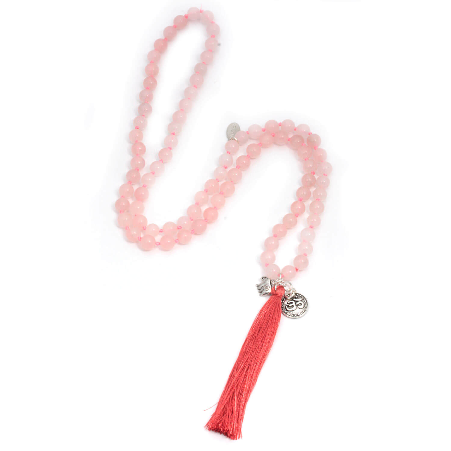 Antique Silver Well Being rose quartz necklace made of gemstones with tassel, 80 cm