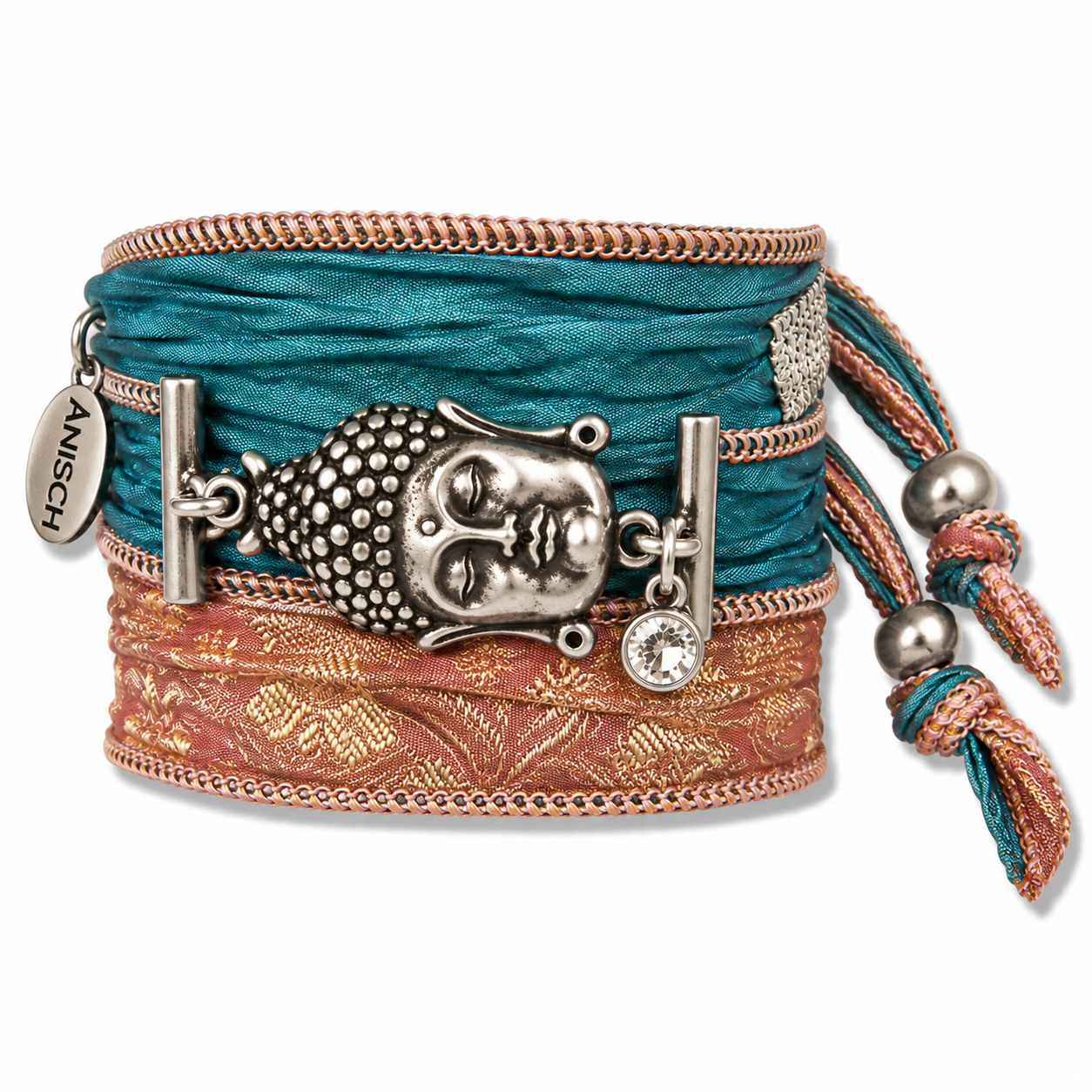 Rosé Teal - Buddha of Wisdom Talismanarmband aus indischen Saris