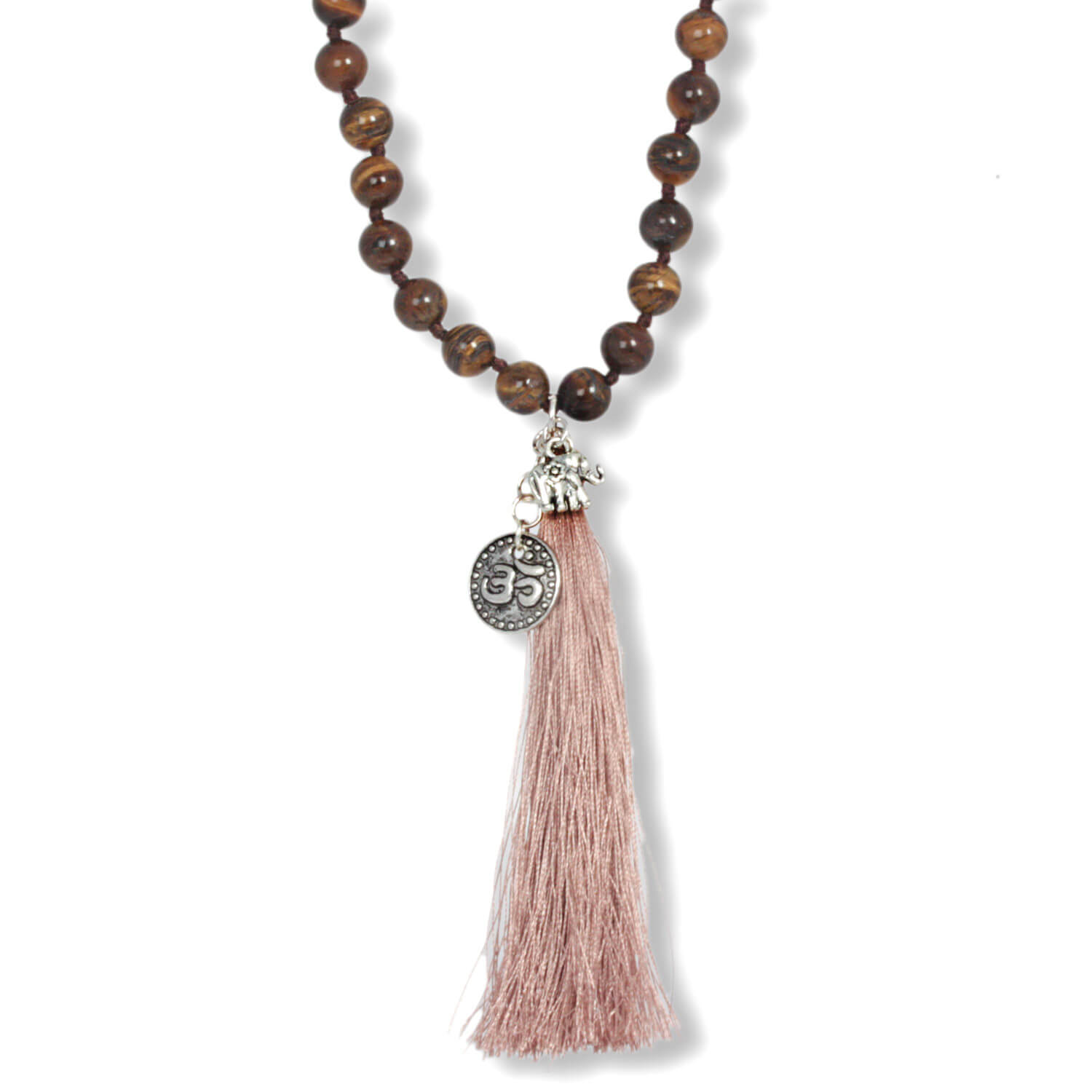 Antique Silver Well Being tiger eye necklace made of gemstones with tassel, 80 cm